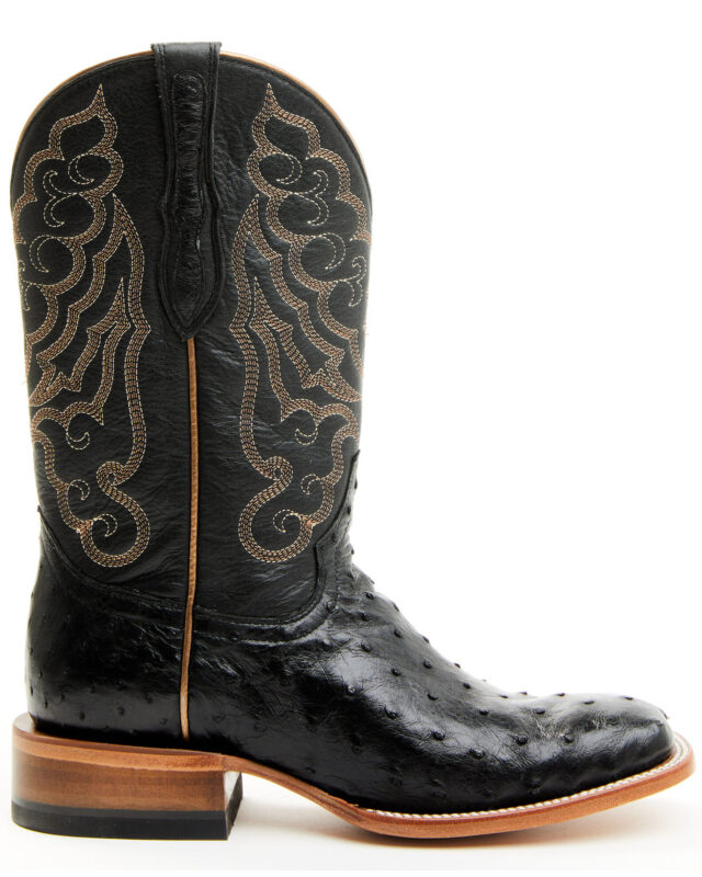 A close-up view of the intricate design and craftsmanship of a pair of ostrich boots.